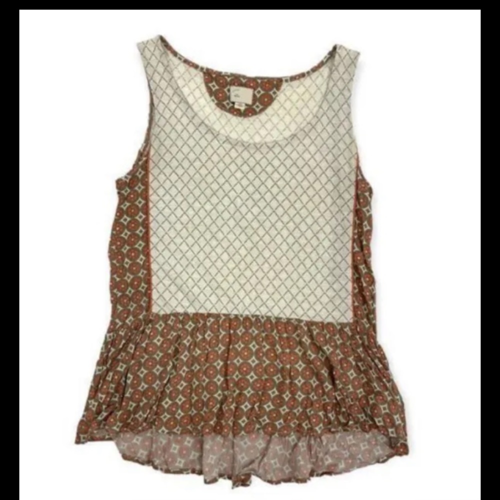 Anthropologie Women’s Sleeveless Top Size Medium Ruffle Hem Cream Brown Cotton